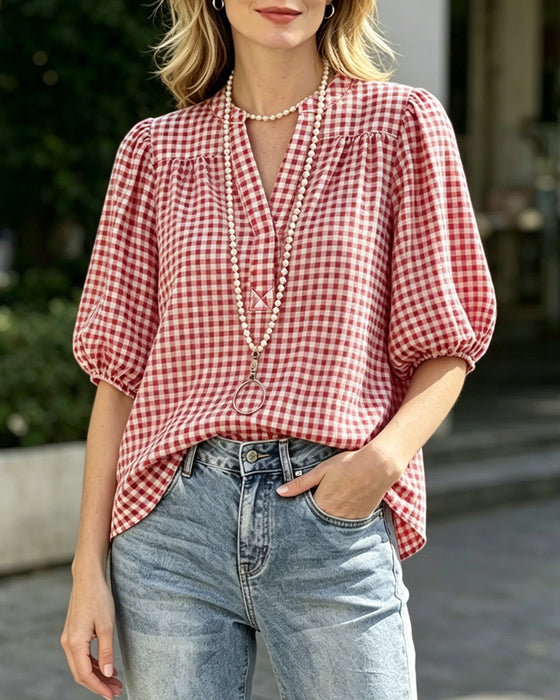 Plaid Print Puff Sleeve Short Sleeve Blouse