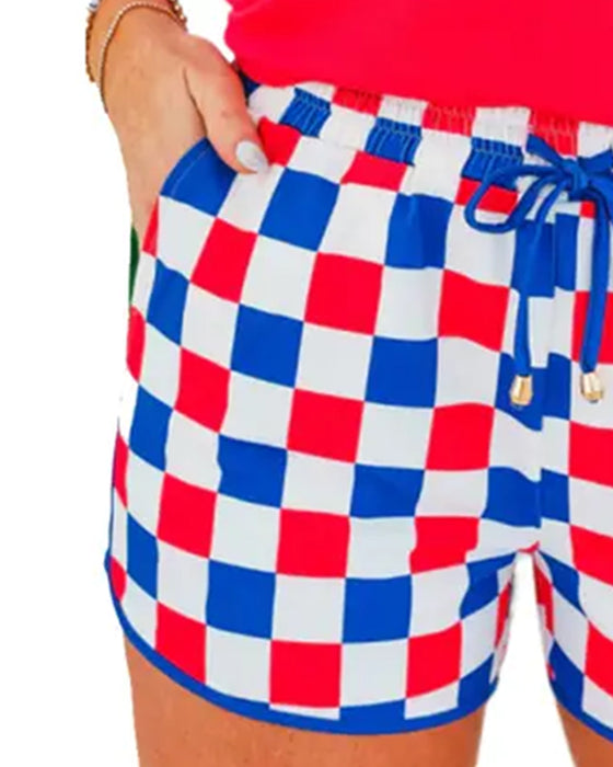 Checkerboard Drawstring Casual Shorts