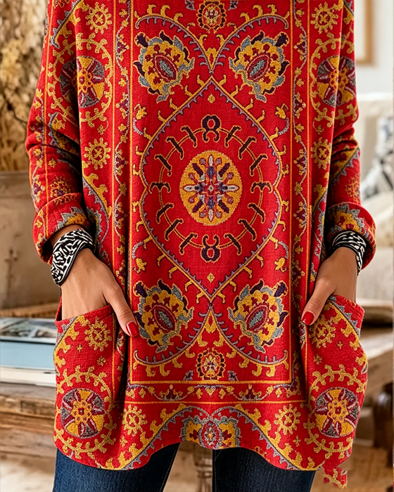 Bohemian Print Hooded Longline Hoodie