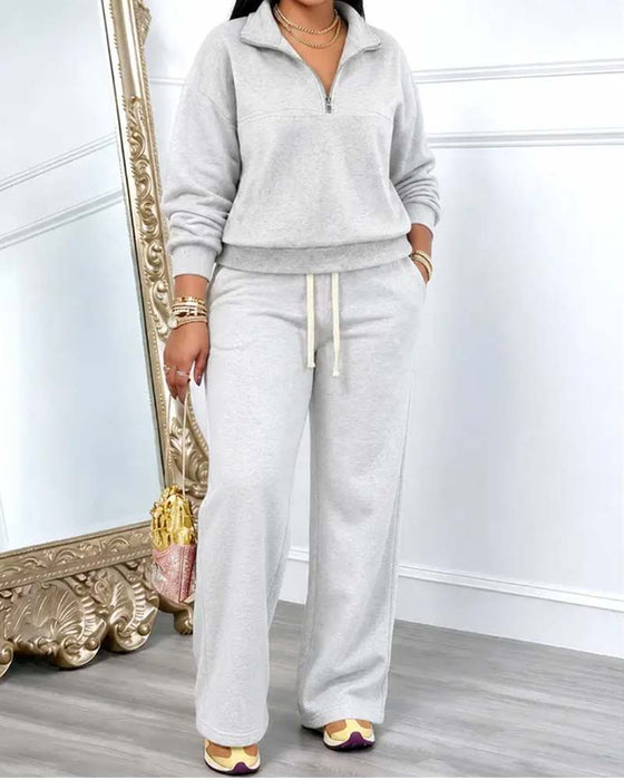 Lapel Zip Pocket Wide Leg Two-Piece Set