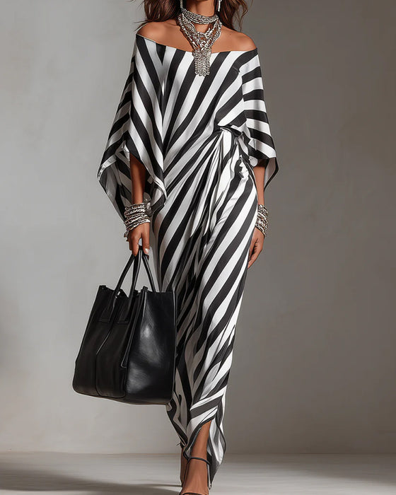 Off-Shoulder Batwing Sleeve Stripe Long Dress
