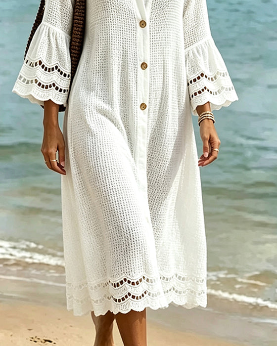 Shirt Collar Button Lace Patchwork Dress