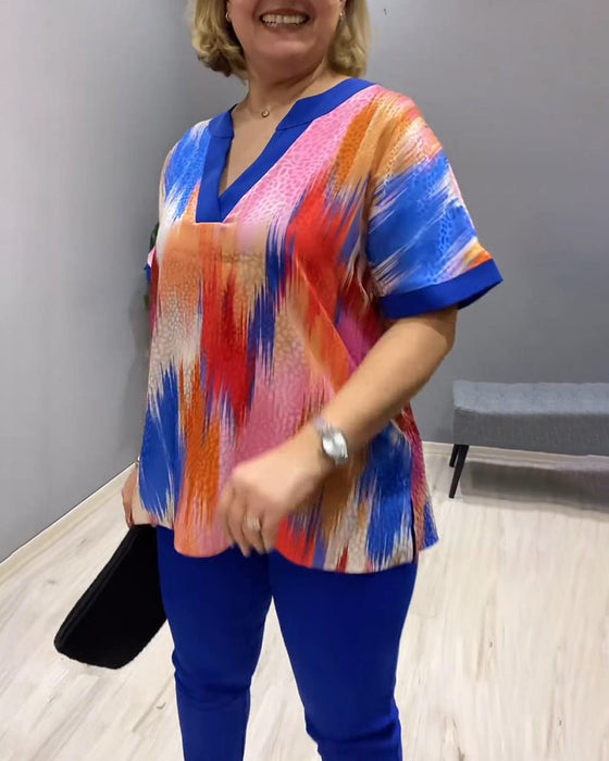 Colorful V-neck short-sleeved top