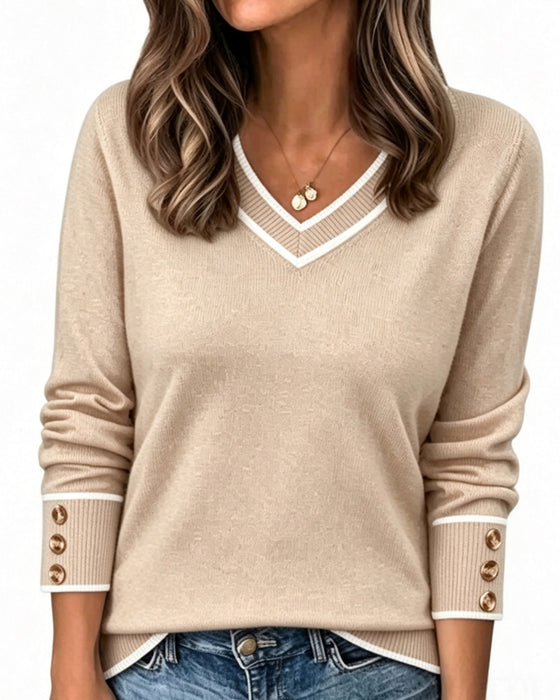 Colorblock V-Neck Trim Button Pullover