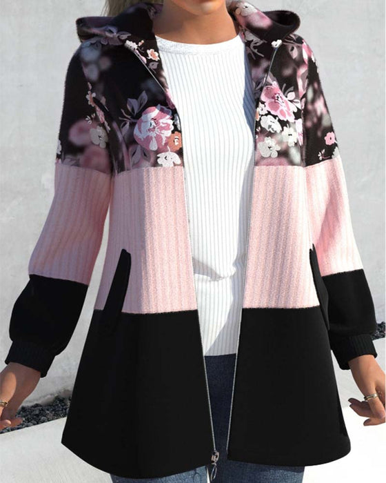 Floral print colorblock hooded coat