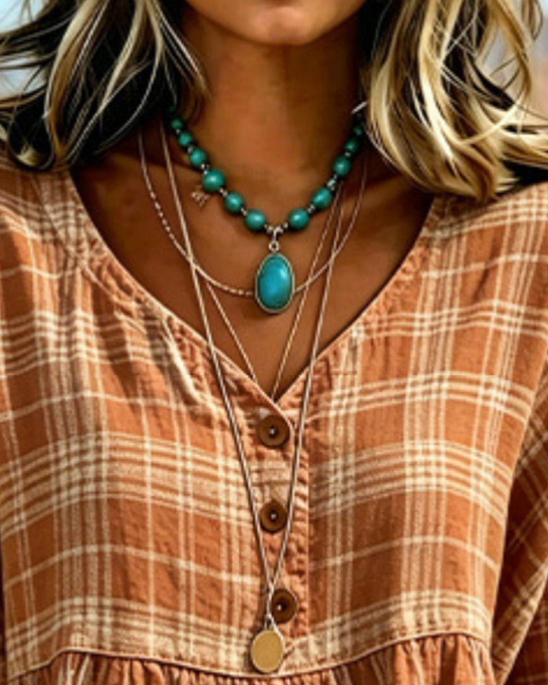 Vintage Plaid V-Neck Blouse