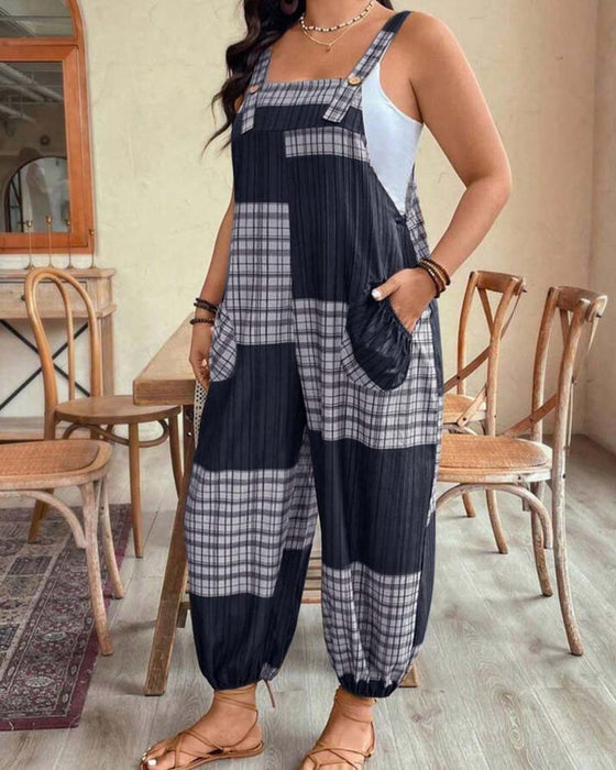 Plaid Color-Block Overall Jumpsuit