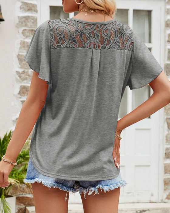 Mesh lace stitching solid color short-sleeved top