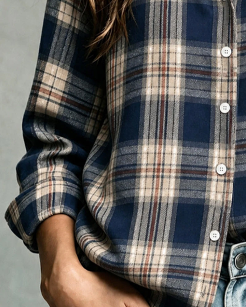 Collared Plaid Long-Sleeve Blouse
