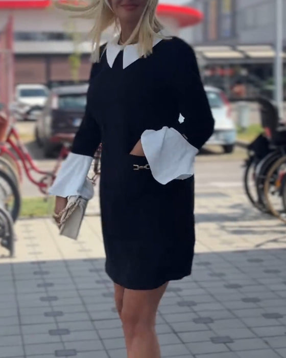 Elegant contrasting lapel bell sleeve dress