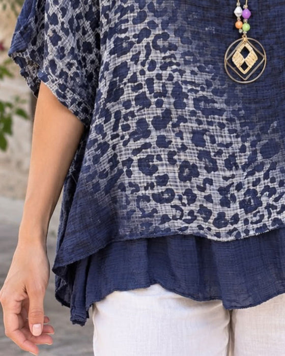 Gradient Leopard Print Half-Sleeve Blouse