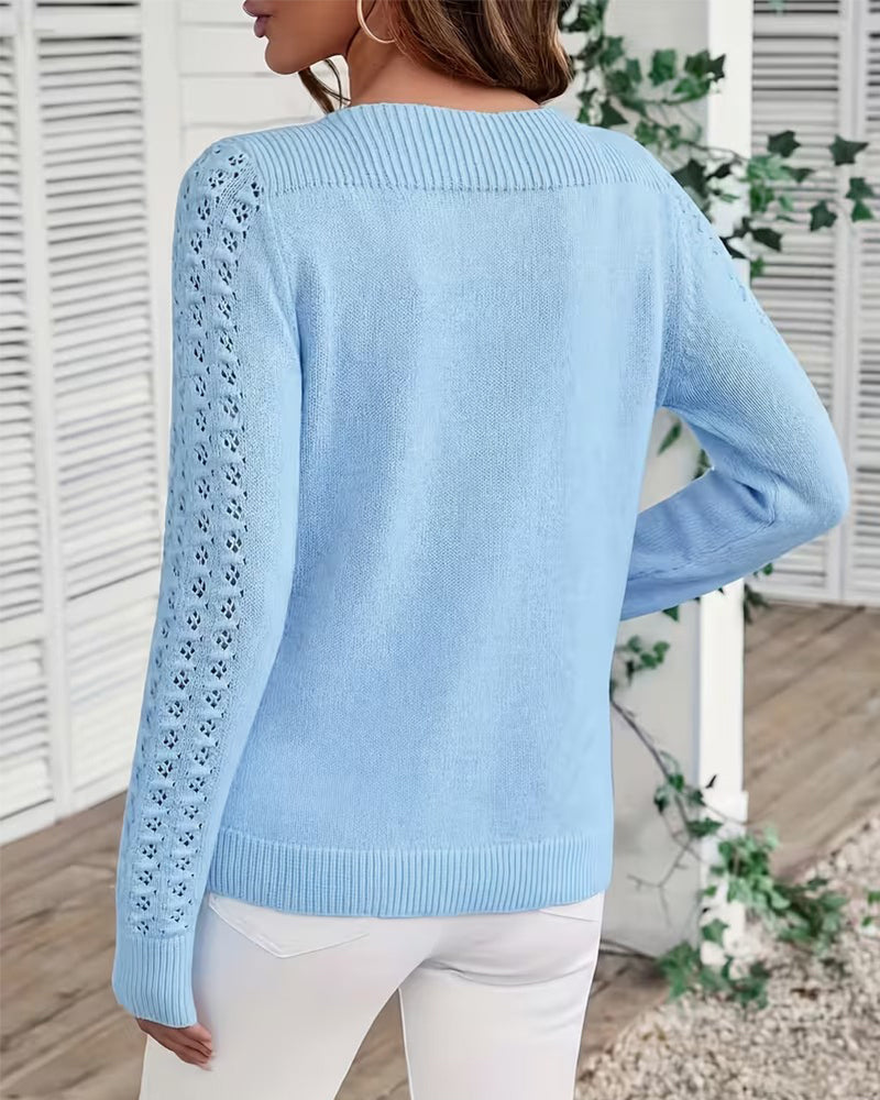 Boat Neck Hollow Out Long Sleeve Knit Pullover