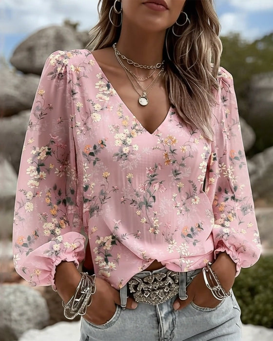 Floral V-Neck Puff-Sleeve Blouse