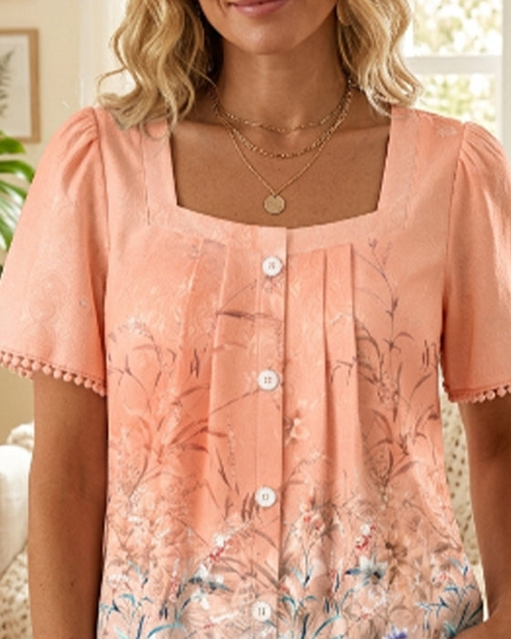 Square Neck Ruched Print Fringe Blouse