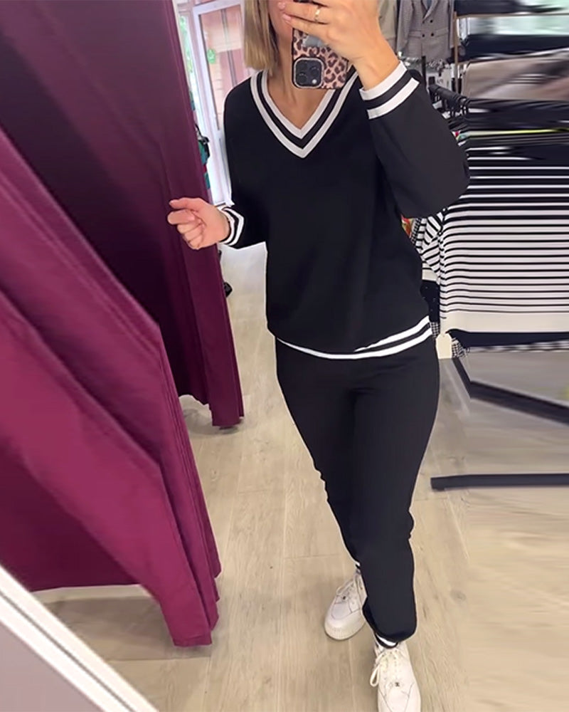 V-neck contrast striped casual suit
