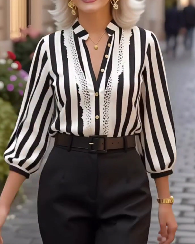 Lantern Sleeve Stand Collar Lace-Trimmed Shirt