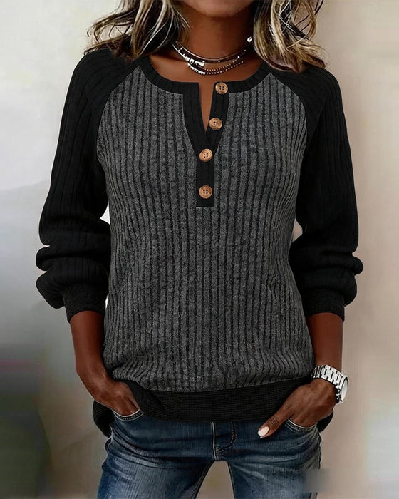 Button Color-Block Long Sleeve Top