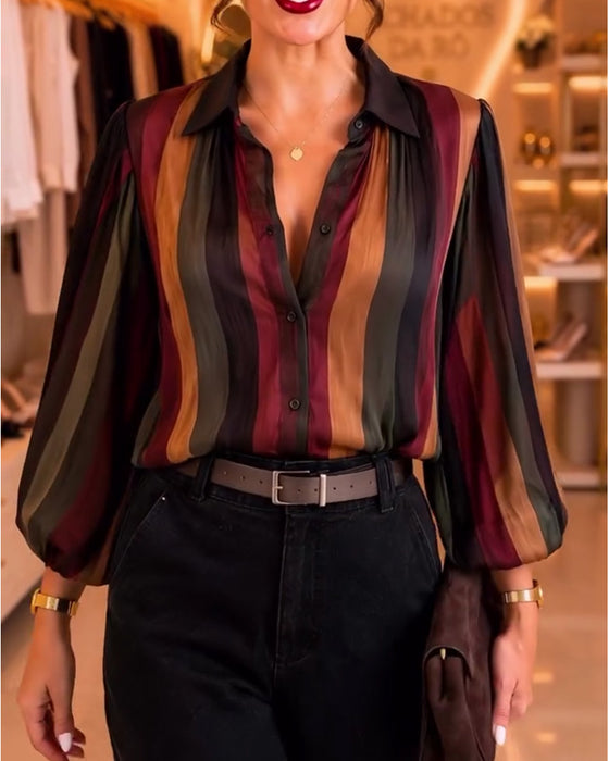 Retro Stripe Puff Sleeve Blouse