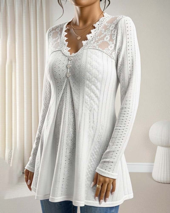 Lace Panel V-Neck Button-Down Top