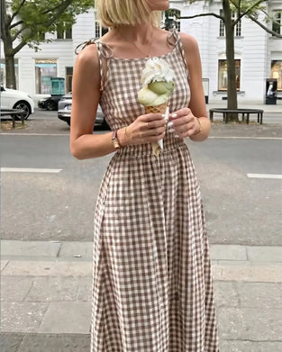 Lace-Up Plaid Suspender A-Line Dress