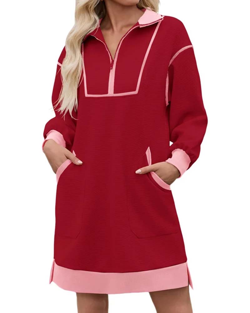 Half Zip Long Sleeve Color Block Short Dress