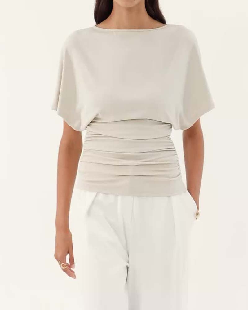 Casual Solid Pleated Short Sleeve Blouse