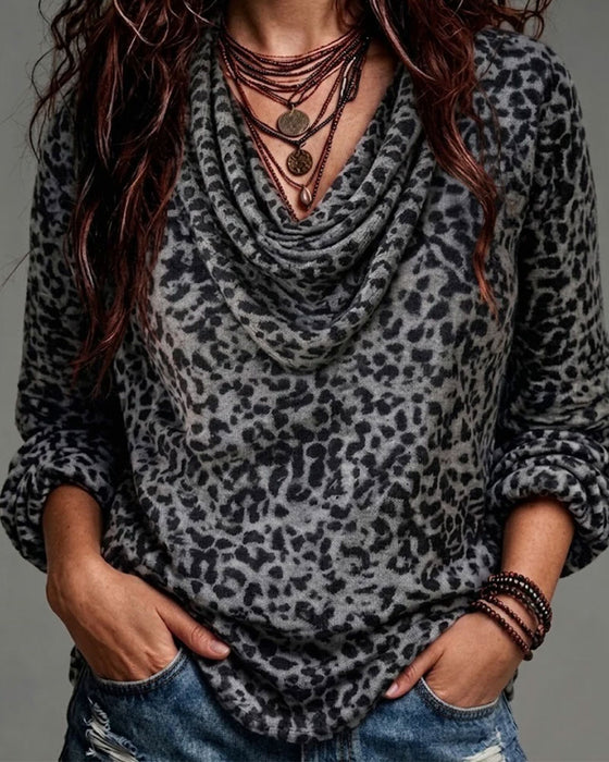 Mock Neck Leopard Long Sleeve Blouse