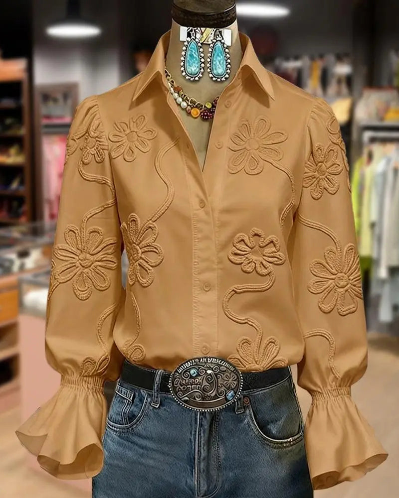 Flower Flare Sleeve Mandarin Collar Shirt