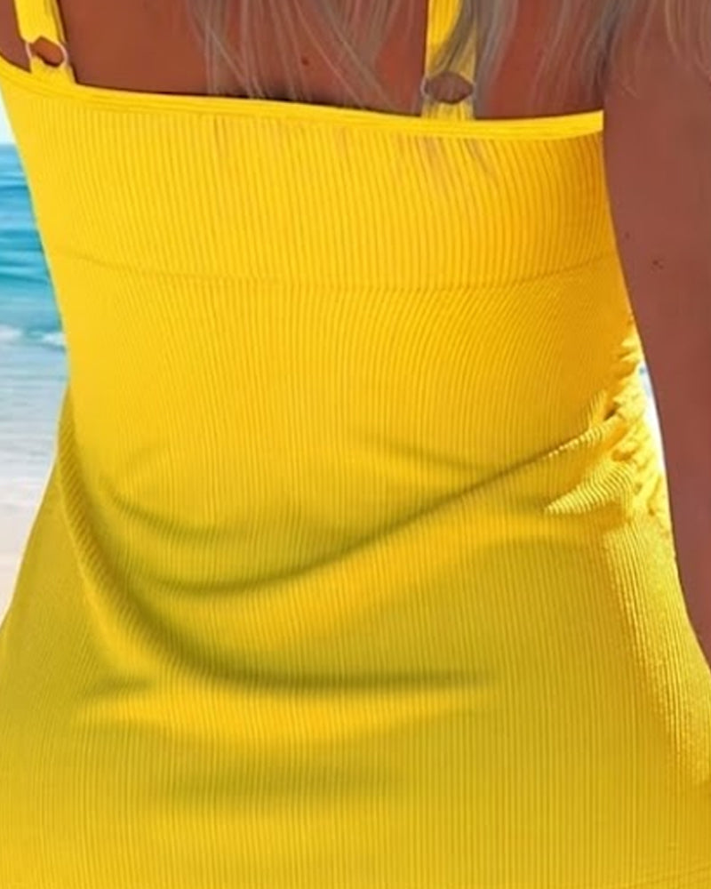 Ribbed Spaghetti Strap Color Block Tankini