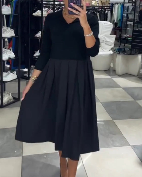 V-neck paneled pleated dress