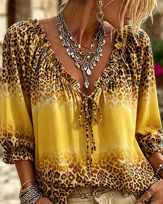 V-Neck Leopard Print Lace-Up Blouse
