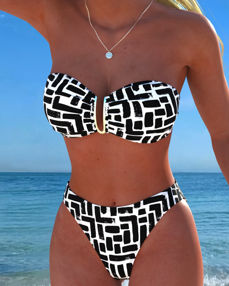 Strapless Geometric Print Bandeau Bikini