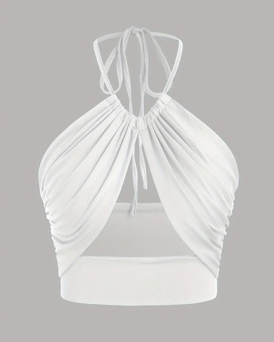 Women's Ruched Tie Back Halter Neck Crop Cami Top