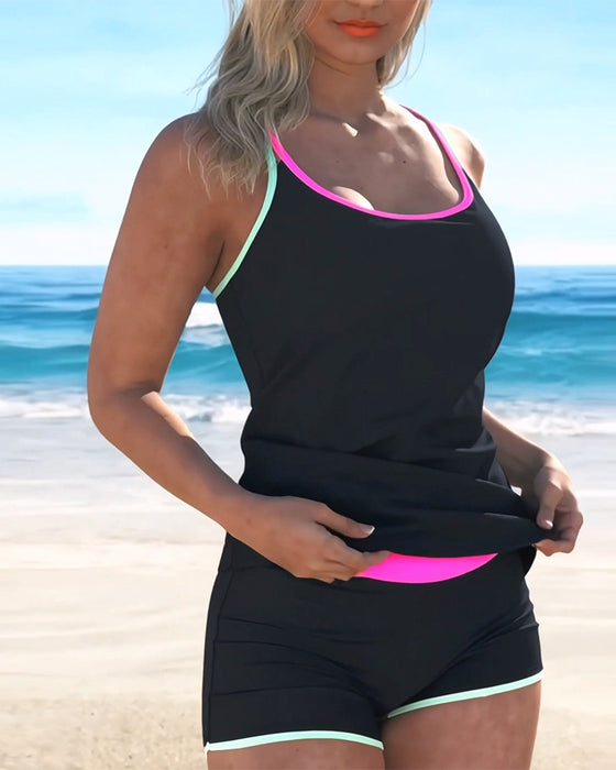 Color Contrast U Neck Halter Tankini