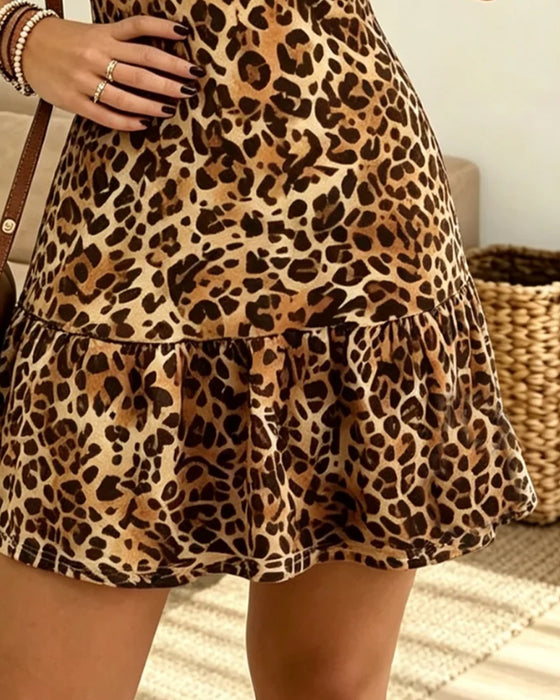 Leopard Print Short Sleeve Ruffle Mini Dress