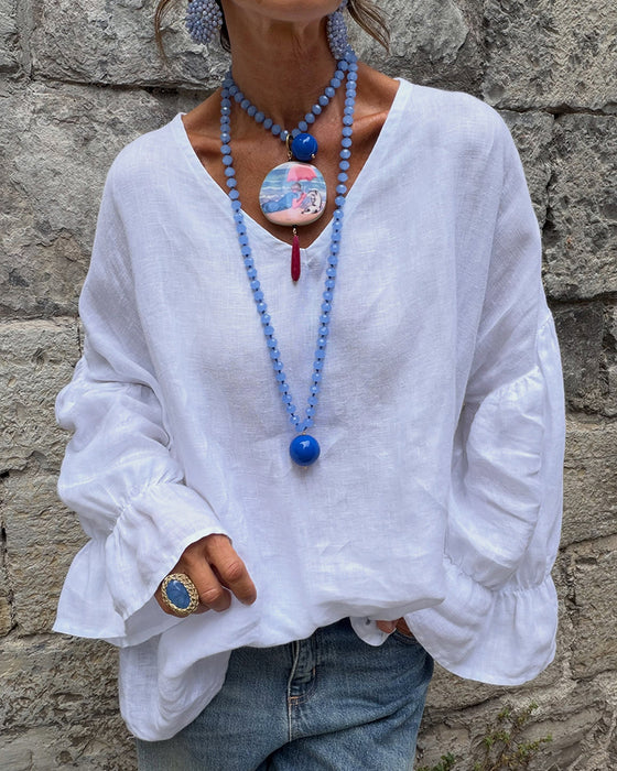 V-Neck Ruffle Relaxed Solid Color Blouse