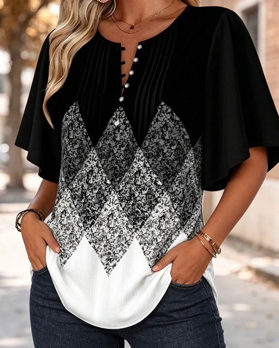 Diamond Grid Gradient Print V-Neck T-Shirt