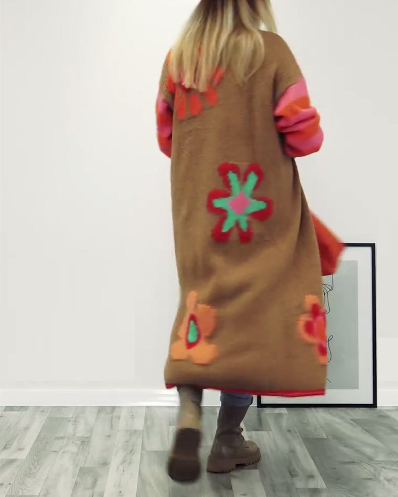 Floral pattern casual long cardigan
