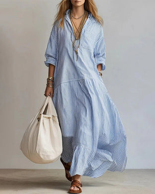 Casual Lapel Striped Long Dress
