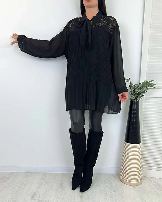 Solid Color Ribbon Pleated Loose Blouse