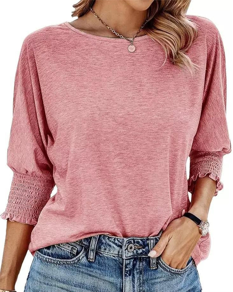 Loose Round Neck Shirred Cuff T Shirt