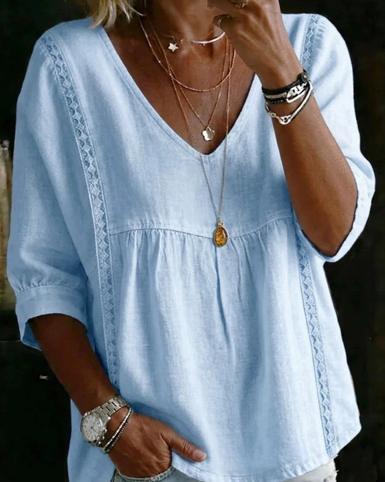 Ruffle Trim V-Neck Elbow-Length Sleeve Blouse