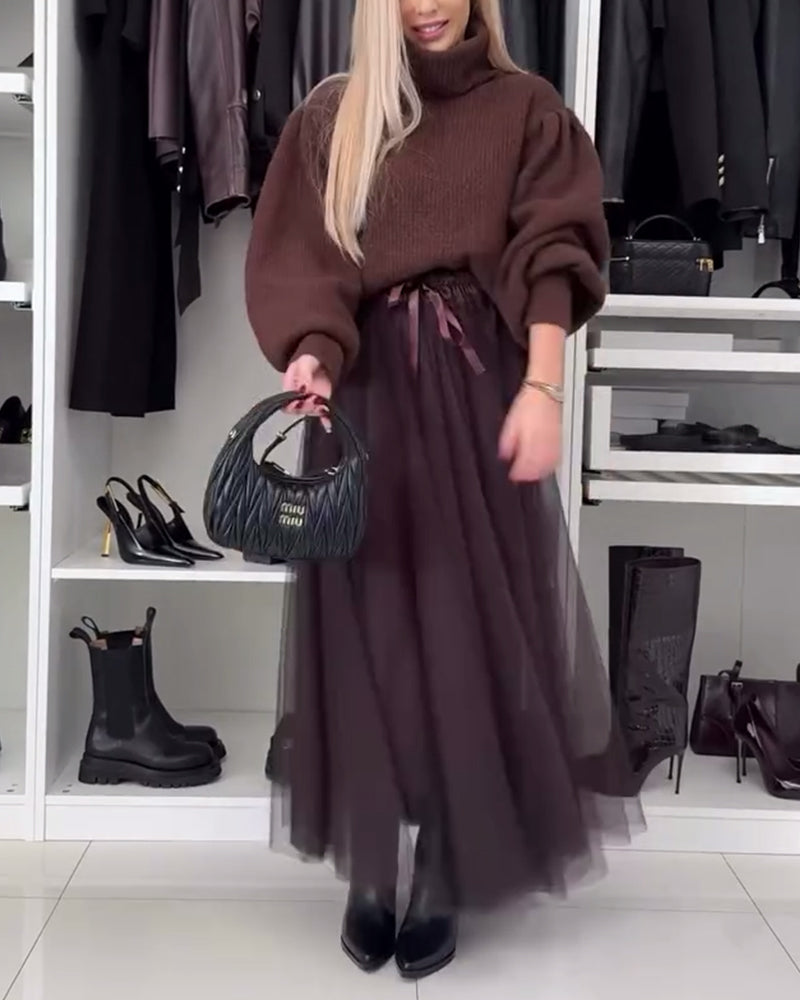 Casual solid color mesh lace-up pleated skirt