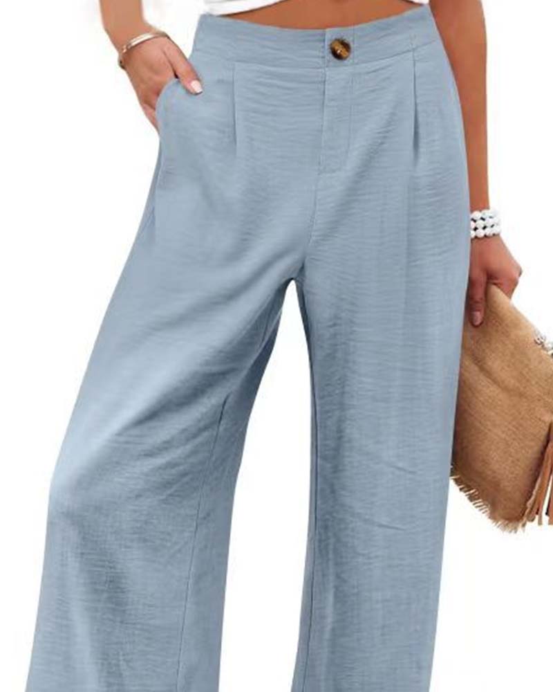 Button Elastic Waist Wide-Leg Pants