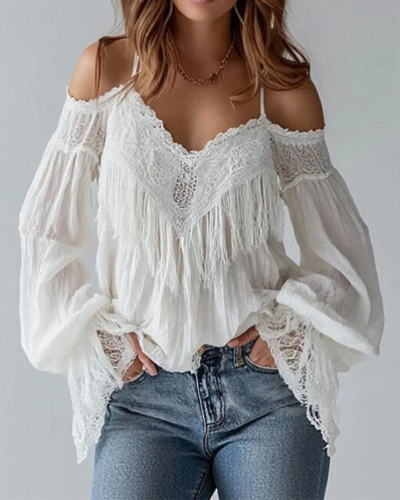 Lace And Tassel Off-The-Shoulder Camisole Top