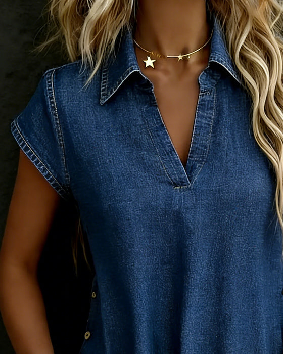 V-Neck Short-Sleeve Denim Button Blouses