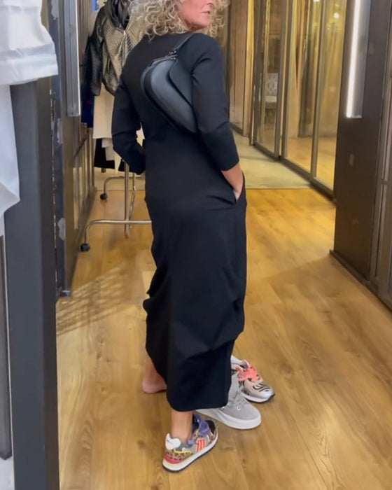 olid color dress with V-neck and A-line