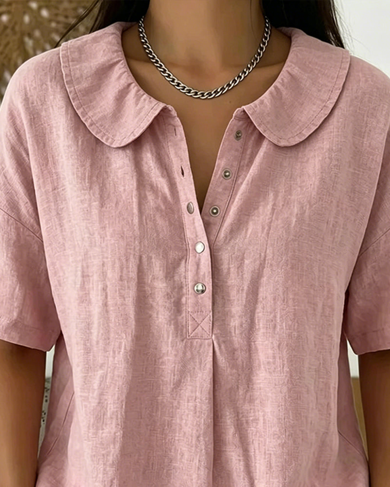 Peter Pan Collar Short-Sleeve Button-Up Blouse