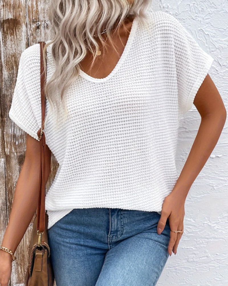 V-Neck Waffle Knit Lace Tie Back T-Shirt