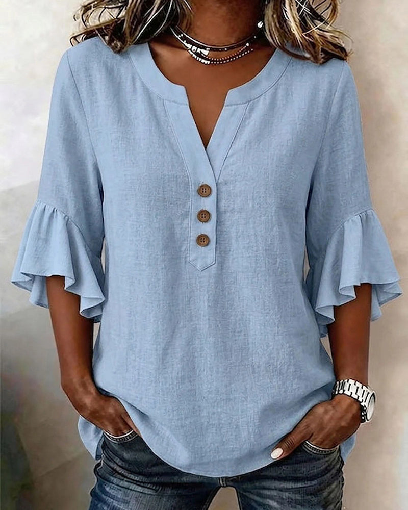Flared Sleeve V-Neck Blouse